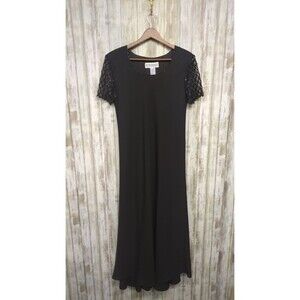 Vtg Jessica Howard Black Beaded Mesh Lace Sleeve Evening Gown Maxi Dress Sz 10